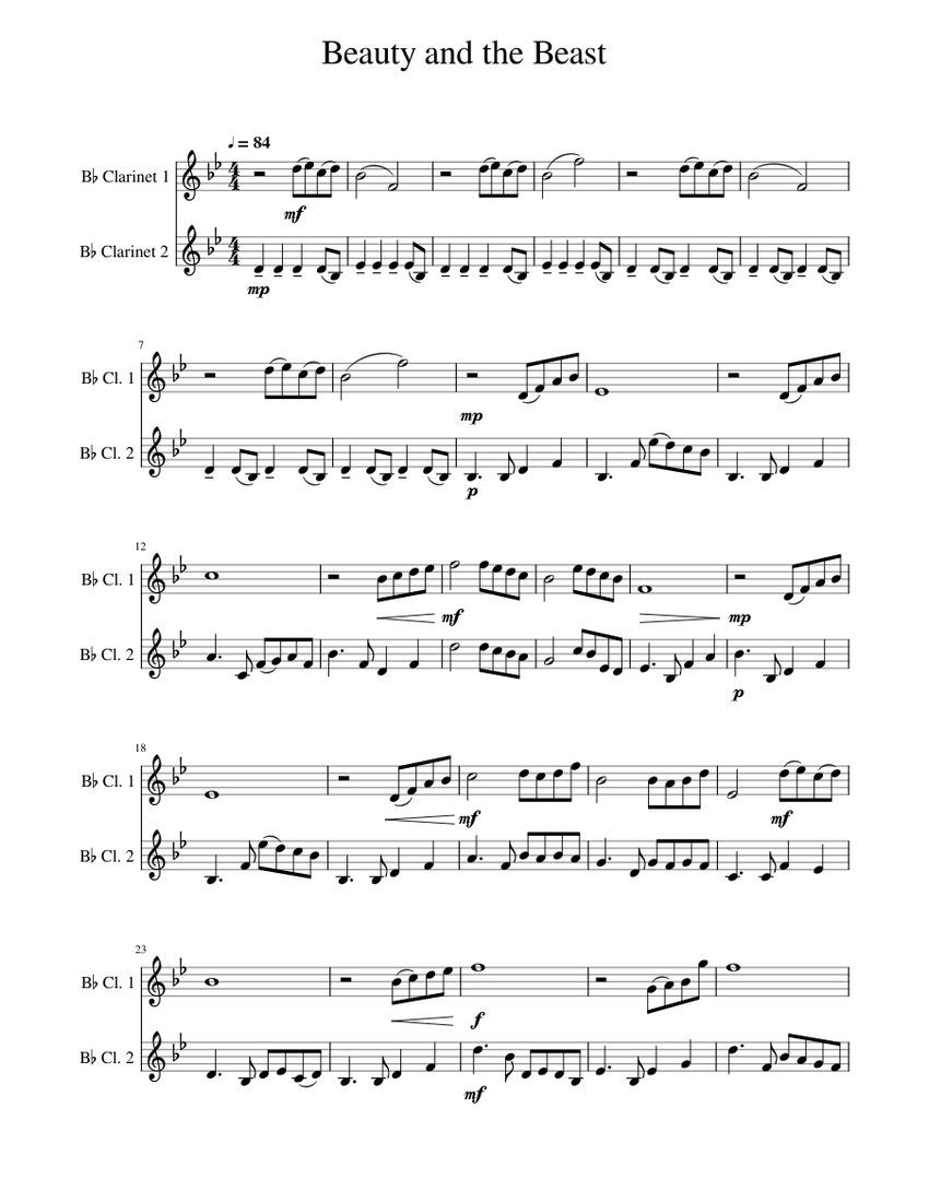 美女と野獣 楽譜 クラリネット（B♭調） (木管二重奏) | MuseScore.com