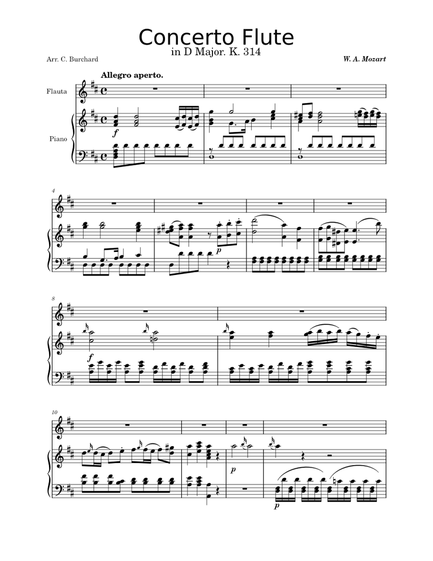 フルート協奏曲 ニ長調, K.314 - モーツァルト (フル) 楽譜 ピアノ