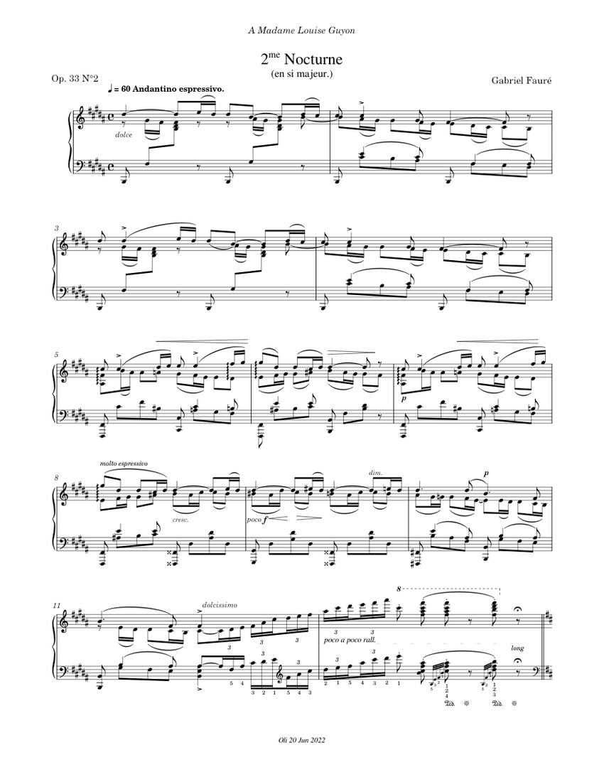 ガブリエル・フォーレ：夜想曲 第2番 ロ長調 作品33 楽譜 ピアノ (ソロ
