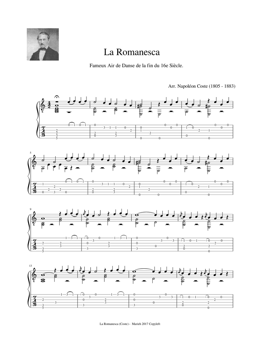 ラ・ロマネスカ - ナポレオン・コスト (1805 - 1883) - タブラチュア 楽譜 タブ譜あり ギター (混合デュオ ...