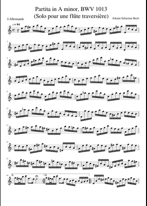 BWV 1013: 独奏フルートのためのイ短調パルティータ - フルート音 楽譜