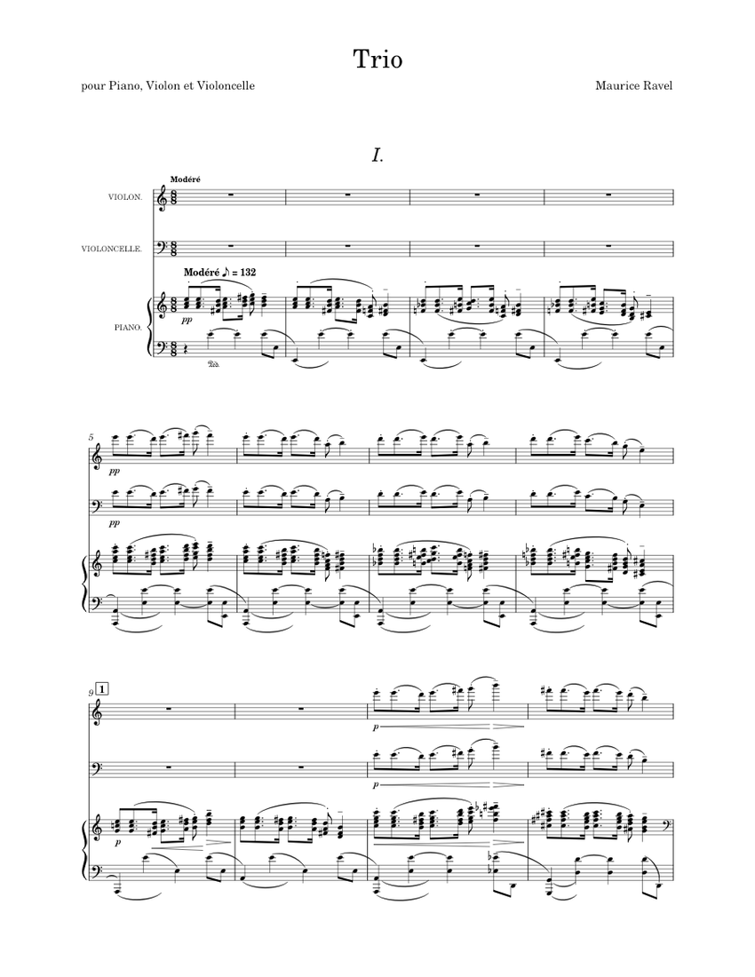 ラヴェル - ピアノ三重奏曲、第1楽章、モデレ 楽譜 ピアノ, バイオリン