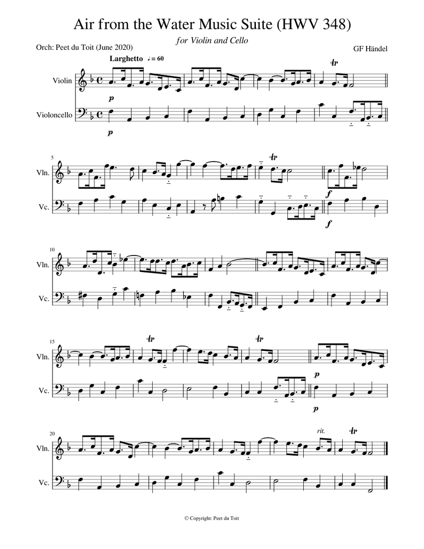 水上の音楽組曲 HWV 348 - GF ヘンデル (バイオリン & チェロ) 楽譜