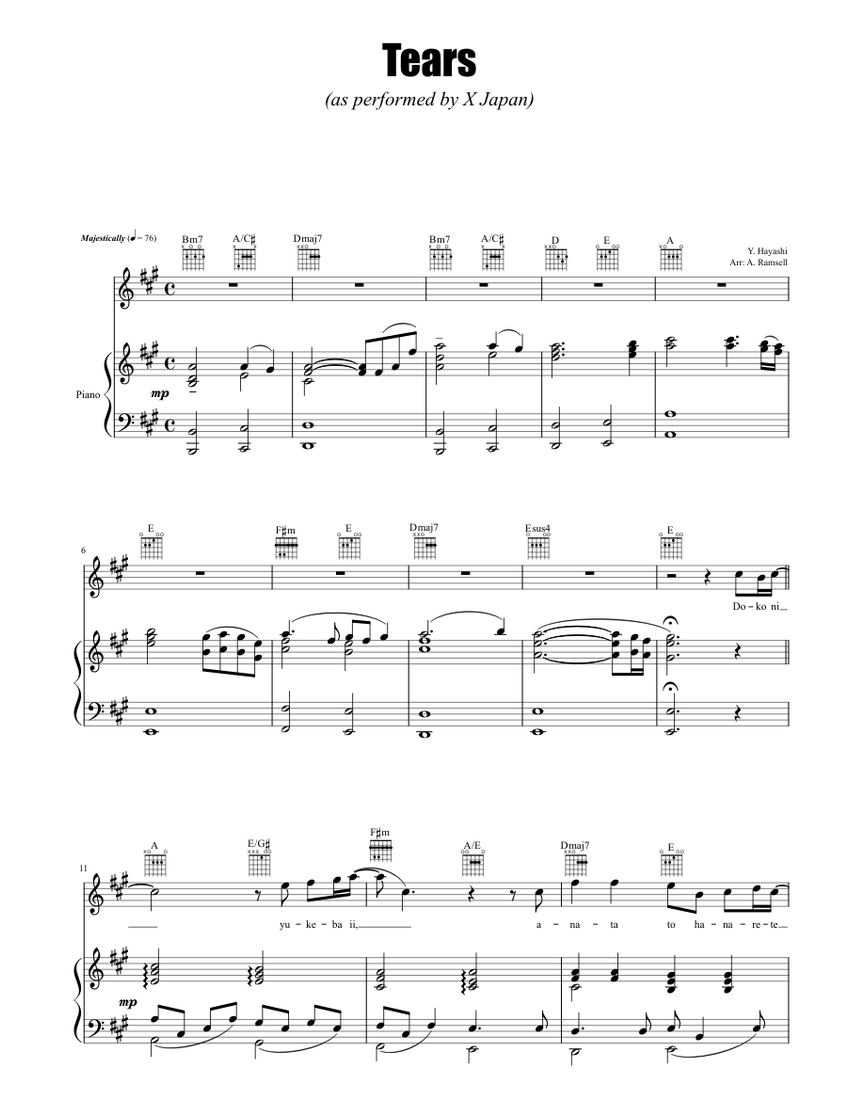 涙 - X Japan 楽譜 コード付き ピアノ (ピアノ-ボーカル-ギター